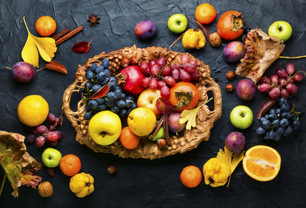 Set of fruits,grapes and nuts.Autumn food still life with season fruits. Fresh seasonal,autumn fruit