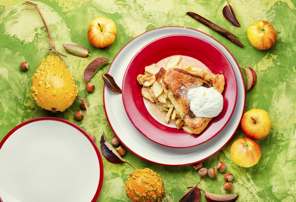 Tasty apple pie on plate.Piece of apple pie with ice cream. Piece of apple pie