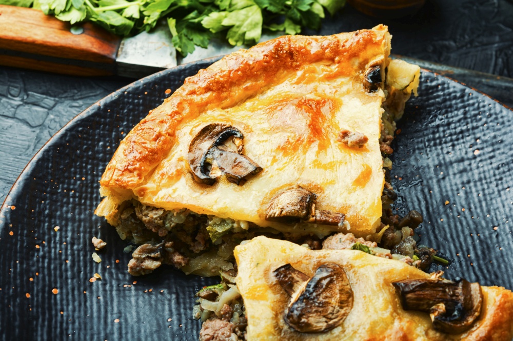 Pie with minced beef and mushrooms on plate. Whole meat pie with mushrooms