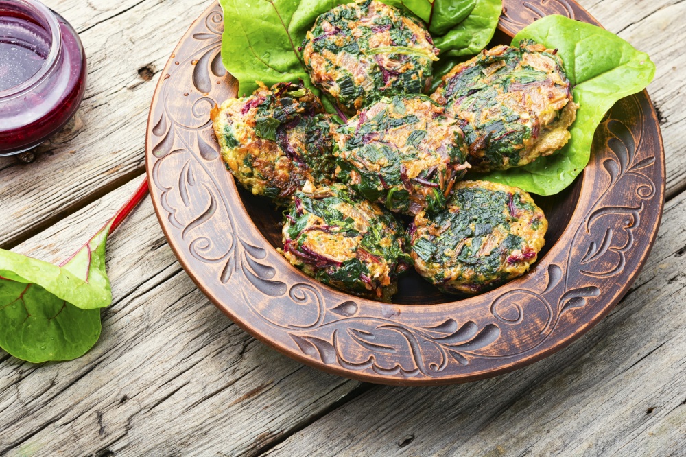 Homemade diet cutlets made from fresh chard.Vegetarian cuisine.Tasty vegetable cutlet from greens. Vegetarian chard cutlet.