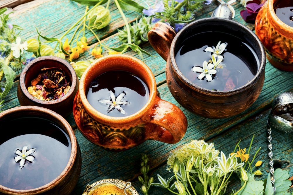 Seasonal tea made from wild medicinal plants and flowers.Herbal medicine. Herbal flower tea