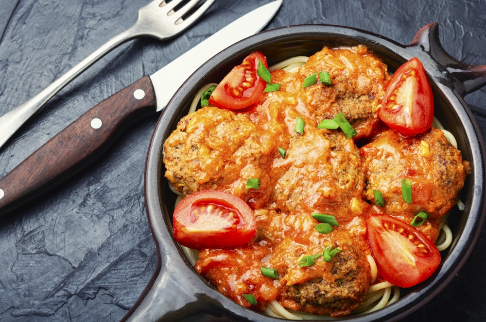 Vegetarian delicious meatballs with meat free and spaghetti. Diet cutlets.. Vegetarian meatballs and pasta.