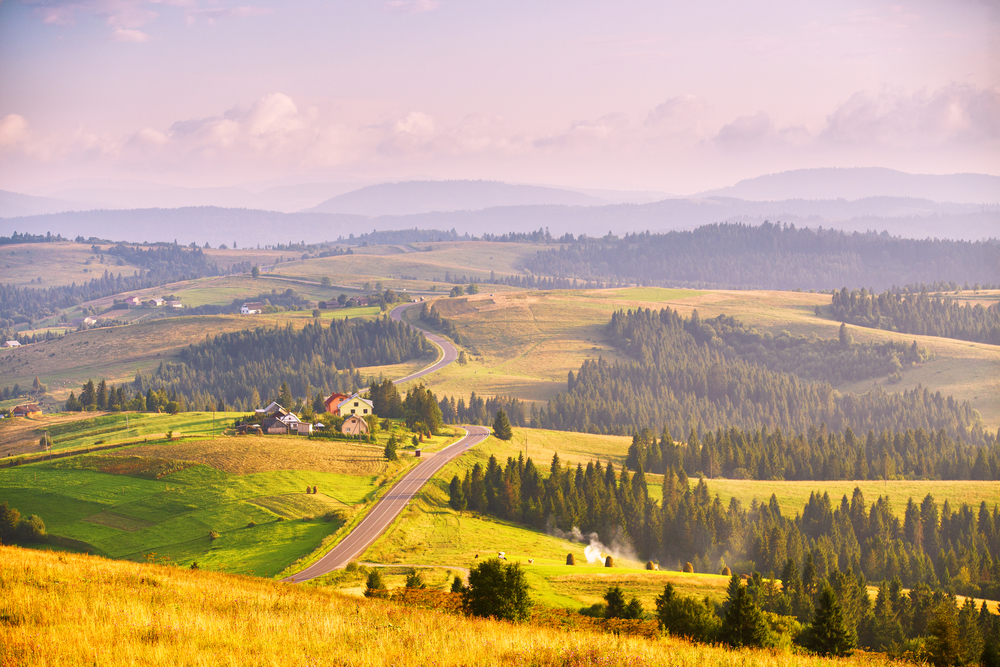 Mountain road at summer sunset. Curved asphalt road on top of the hills. Pieniny and  Beskidy range, border of Poland and Ukraine.