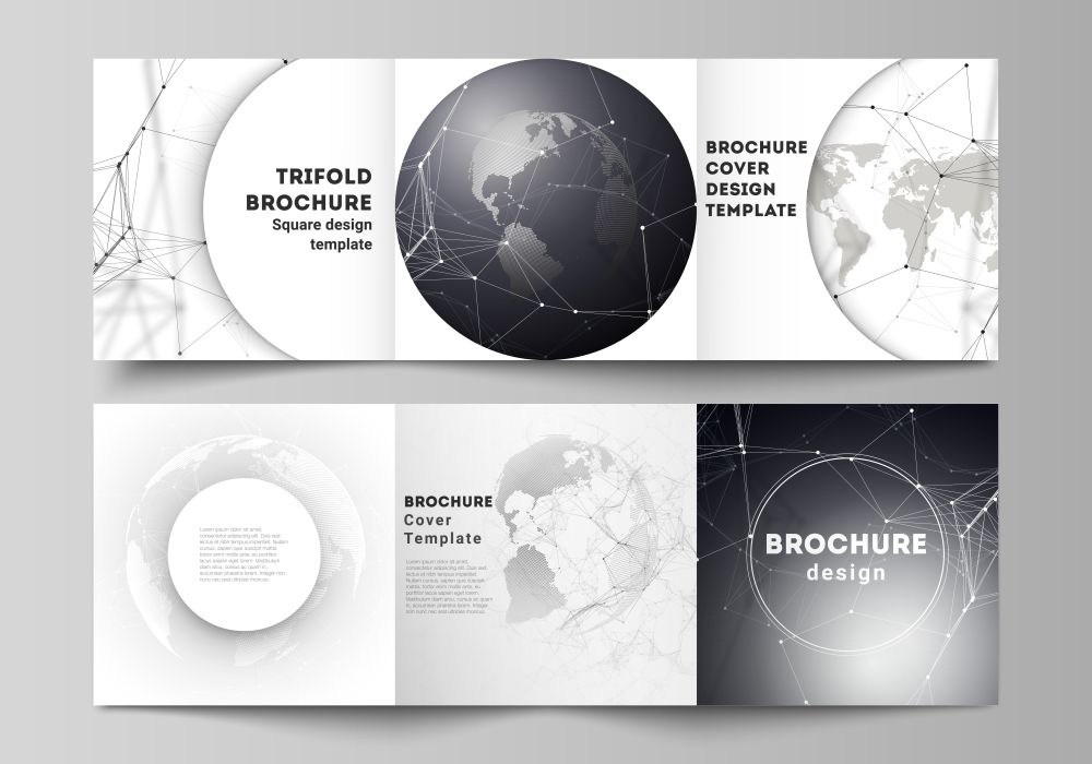 Vector layout of square format covers design templates for trifold brochure, flyer. Futuristic design with world globe, connecting lines and dots. Global network connections, technology concept. Vector layout of square format covers design templates for trifold brochure, flyer. Futuristic design with world globe, connecting lines and dots. Global network connections, technology concept.