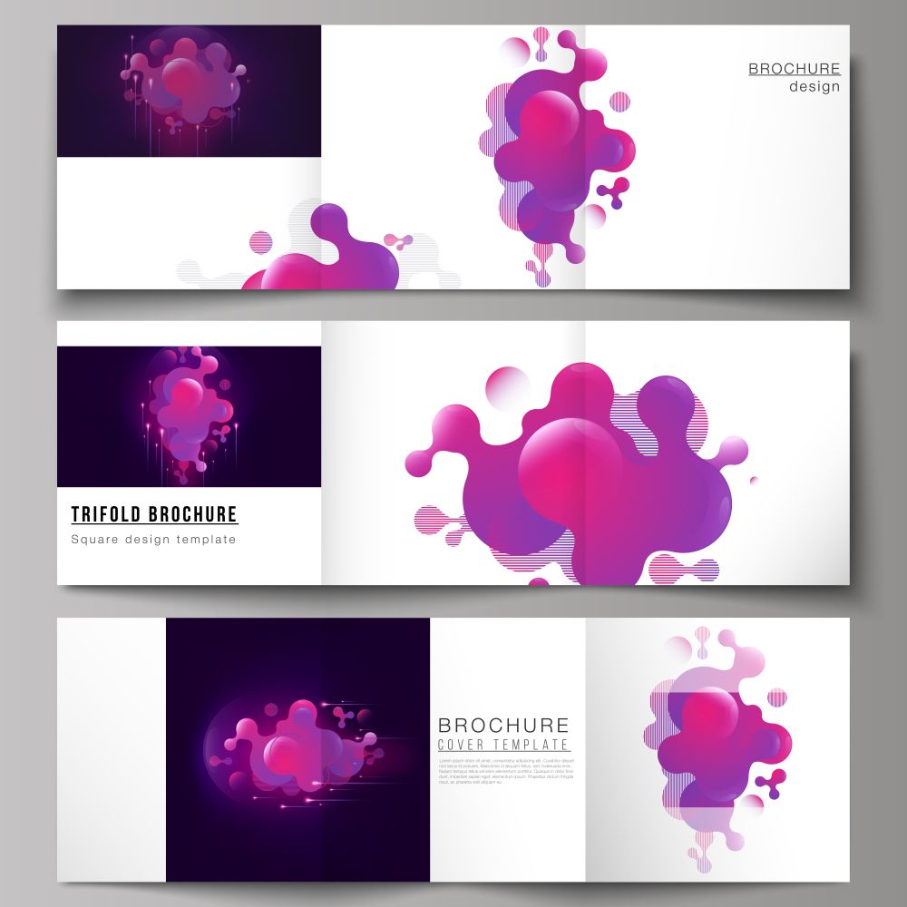 The black colored minimal vector layout. Modern creative covers design templates for trifold square brochure or flyer. Black background with fluid gradient, liquid pink colored geometric element. The black colored minimal vector layout. Modern creative covers design templates for trifold square brochure or flyer. Black background with fluid gradient, liquid pink colored geometric element.