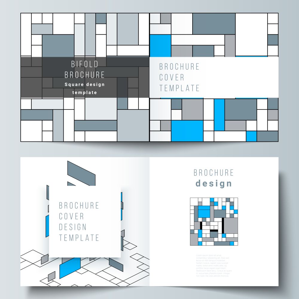 The vector layout of two covers templates for square design bifold brochure, magazine, flyer, booklet. Abstract polygonal background, colorful mosaic pattern, retro bauhaus de stijl design. The vector layout of two covers templates for square design bifold brochure, magazine, flyer, booklet. Abstract polygonal background, colorful mosaic pattern, retro bauhaus de stijl design.