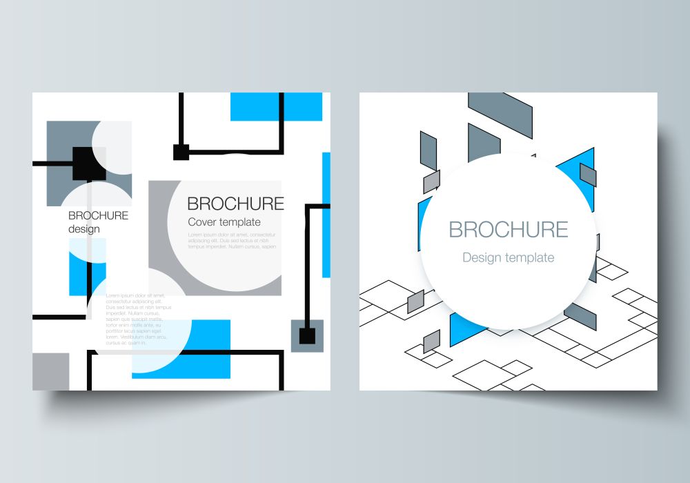 The minimal vector layout of two square format covers design templates for brochure, flyer, magazine. Abstract polygonal background, colorful mosaic pattern, retro bauhaus de stijl design. The minimal vector layout of two square format covers design templates for brochure, flyer, magazine. Abstract polygonal background, colorful mosaic pattern, retro bauhaus de stijl design.