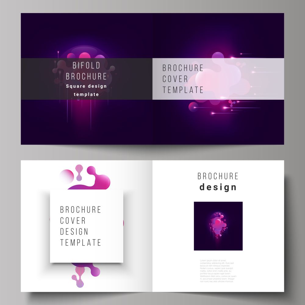 The black colored vector layout of two covers templates for square design bifold brochure, magazine, flyer, booklet. Black background with fluid gradient, liquid pink colored geometric element. The black colored vector layout of two covers templates for square design bifold brochure, magazine, flyer, booklet. Black background with fluid gradient, liquid pink colored geometric element.