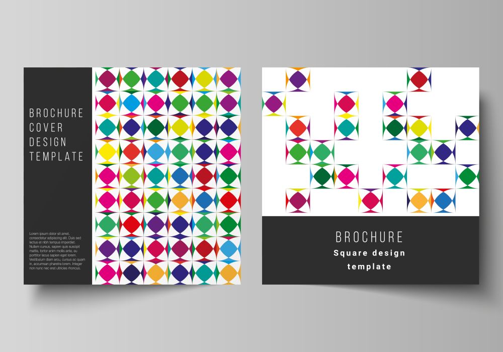 The minimal vector layout of two square format covers design templates for brochure, flyer, magazine. Abstract background, geometric mosaic pattern with bright circles, geometric shapes. The minimal vector layout of two square format covers design templates for brochure, flyer, magazine. Abstract background, geometric mosaic pattern with bright circles, geometric shapes.
