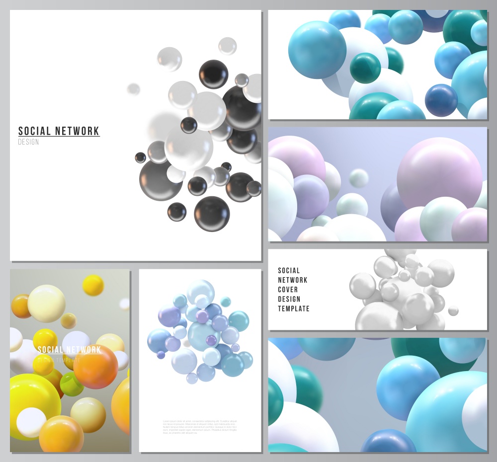 Vector layouts of modern social network mockups for cover design, website design, website backgrounds or advertising mockups. Realistic vector background with multicolored 3d spheres, bubbles, balls.. Vector layouts of social network mockups for cover design, website design, website backgrounds or advertising mockups. Realistic vector background with multicolored 3d spheres, bubbles, balls.
