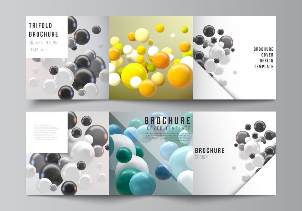 Vector layout of square covers templates for trifold brochure, flyer, magazine, cover design, book design. Abstract vector futuristic background with colorful 3d spheres, glossy bubbles, balls. Vector layout of square covers templates for trifold brochure, flyer, magazine, cover design, book design. Abstract vector futuristic background with colorful 3d spheres, glossy bubbles, balls.