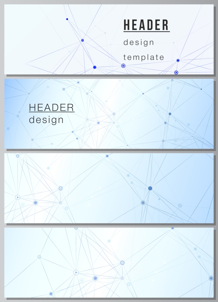 Vector layout of headers, banner templates for website footer design, horizontal flyer design, website header backgrounds. Blue medical background with connecting lines and dots, plexus. Vector layout of headers, banner templates for website footer design, horizontal flyer design, website header backgrounds. Blue medical background with connecting lines and dots, plexus.