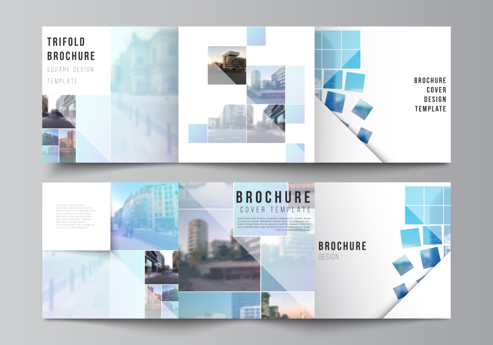 Vector layout of square format covers templates for trifold brochure, flyer, magazine, cover design, book design, brochure cover. Abstract design project in geometric style with blue squares. Vector layout of square format covers templates for trifold brochure, flyer, magazine, cover design, book design, brochure cover. Abstract design project in geometric style with blue squares.