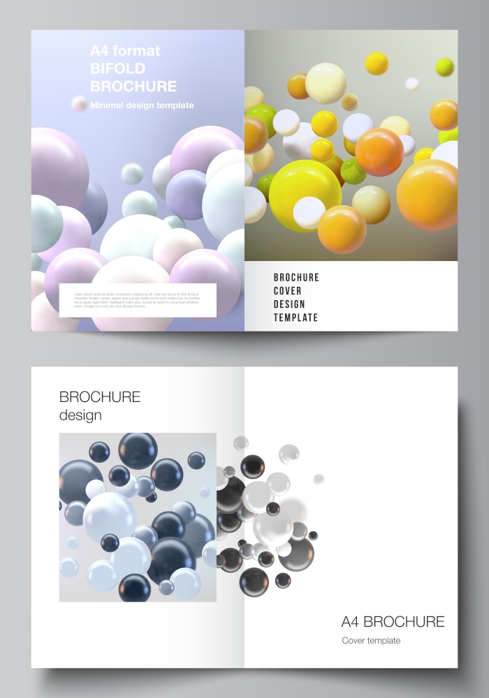 Vector layout of two A4 cover mockups template for bifold brochure, flyer, magazine, cover design, book design, brochure cover. Realistic vector background with multicolored 3d spheres, bubbles, balls.. Vector layout of two A4 cover mockups template for bifold brochure, flyer, magazine, cover design, book design, brochure cover. Realistic vector background with multicolored 3d spheres, bubbles, balls