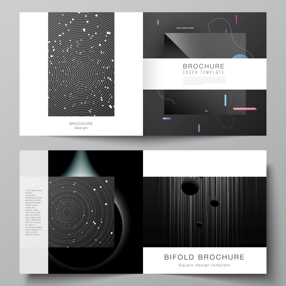 Vector layout of two covers templates for square design bifold brochure, flyer, magazine, cover design, book design, brochure cover. Tech science future background, space astronomy concept. Vector layout of two covers templates for square design bifold brochure, flyer, magazine, cover design, book design, brochure cover. Tech science future background, space astronomy concept.