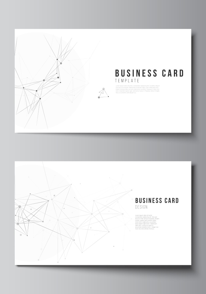 Vector layout of two creative business cards design templates, horizontal template vector design. Gray technology background with connecting lines and dots. Network concept. Vector layout of two creative business cards design templates, horizontal template vector design. Gray technology background with connecting lines and dots. Network concept.