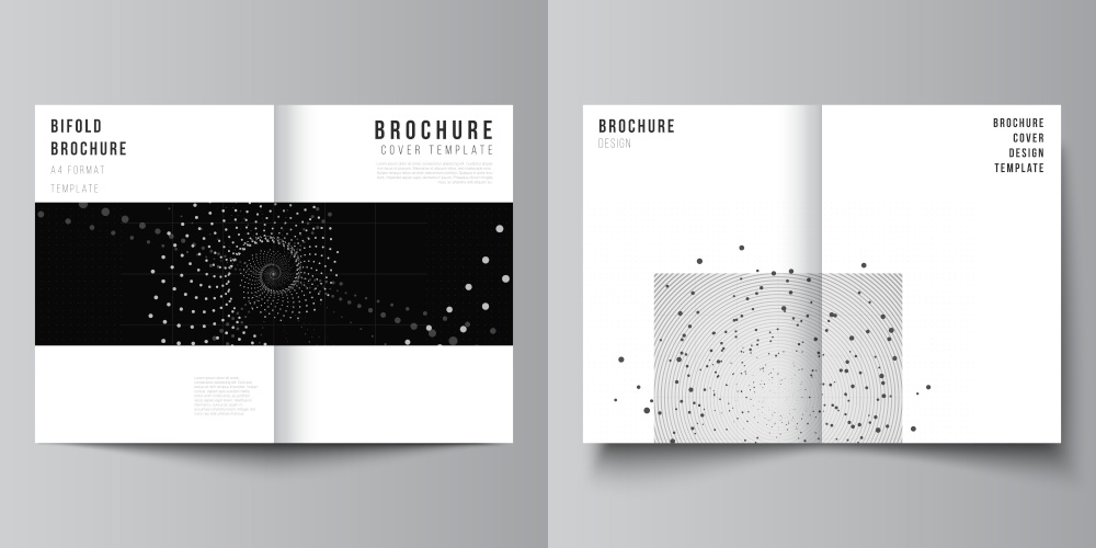 Vector layout of two A4 cover mockups templates for bifold brochure, flyer, cover design, book design. Abstract technology black color science background. Digital data. Minimalist high tech concept. Vector layout of two A4 cover mockups templates for bifold brochure, flyer, cover design, book design. Abstract technology black color science background. Digital data. Minimalist high tech concept.