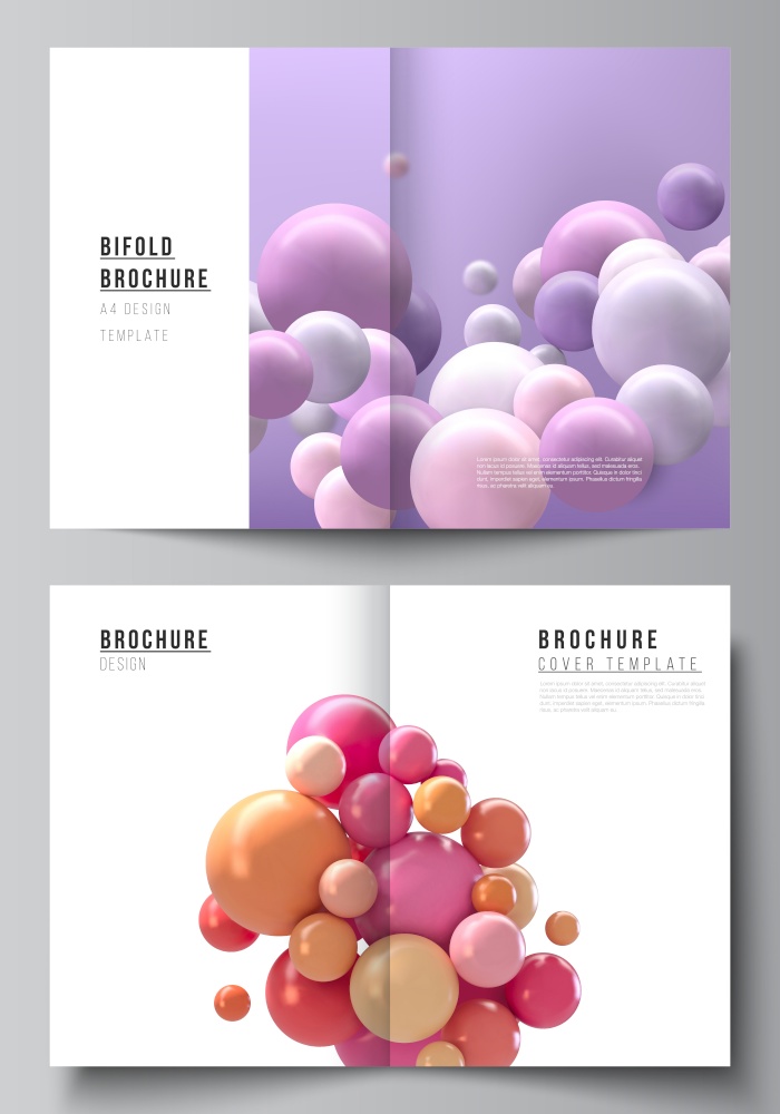 Vector layout of two A4 cover mockup templates for bifold brochure, flyer, magazine, cover design, book design. Abstract vector futuristic background with colorful 3d spheres, glossy bubbles, balls. Vector layout of two A4 cover mockup templates for bifold brochure, flyer, magazine, cover design, book design. Abstract vector futuristic background with colorful 3d spheres, glossy bubbles, balls.