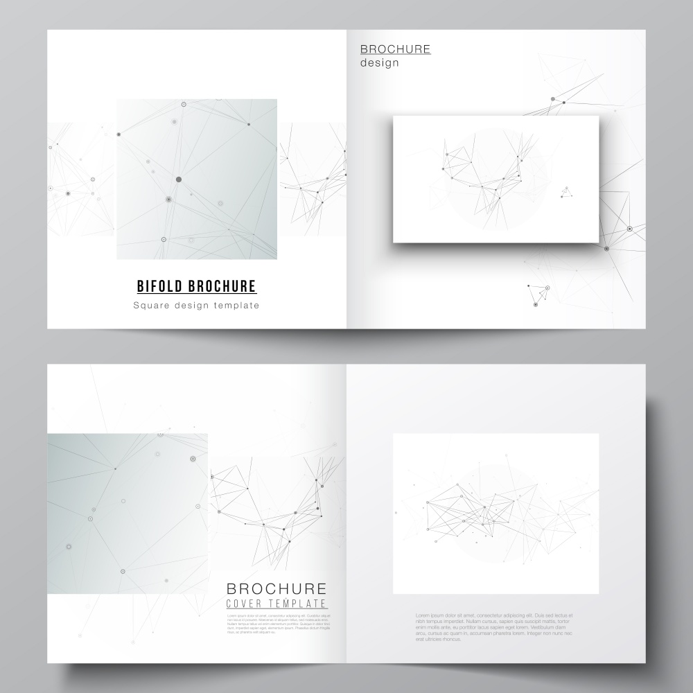 Vector layout of two covers templates for square bifold brochure, flyer, magazine, cover design, book design, brochure cover. Gray technology background with connecting lines and dots. Network concept.. Vector layout of two covers templates for square bifold brochure, flyer, magazine, cover design, book design, brochure cover. Gray technology background with connecting lines and dots. Network concept