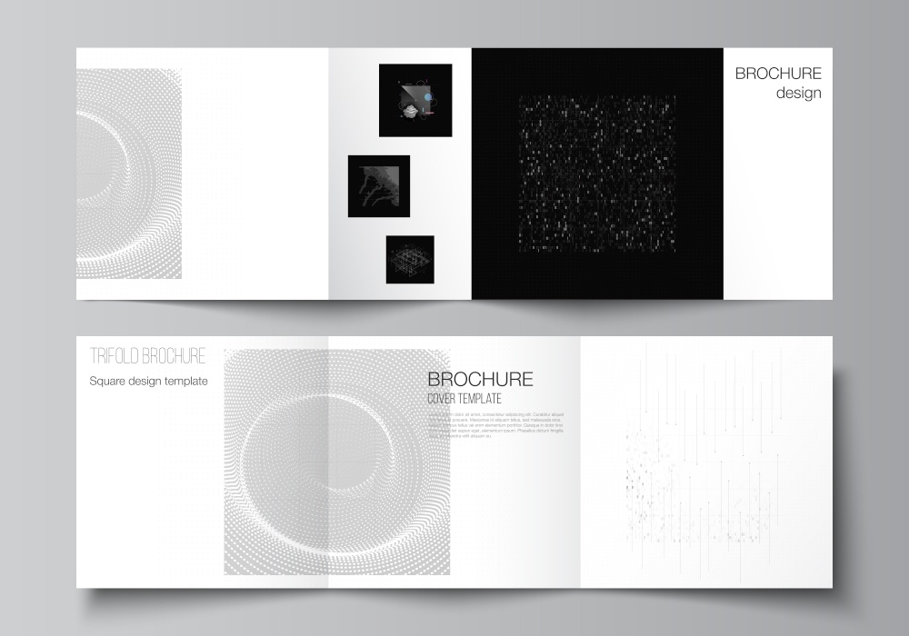 Vector layout of square covers templates for trifold brochure, flyer, magazine, cover design, book design. Abstract technology black color science background. Minimalist high tech concept.. Vector layout of square covers templates for trifold brochure, flyer, magazine, cover design, book design. Abstract technology black color science background.Digital data. Minimalist high tech concept