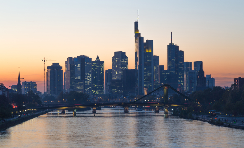 Frankfurt am Main skyline at sunset Hesse Germany.. Frankfurt am Main skyline at sunset Hesse Germany