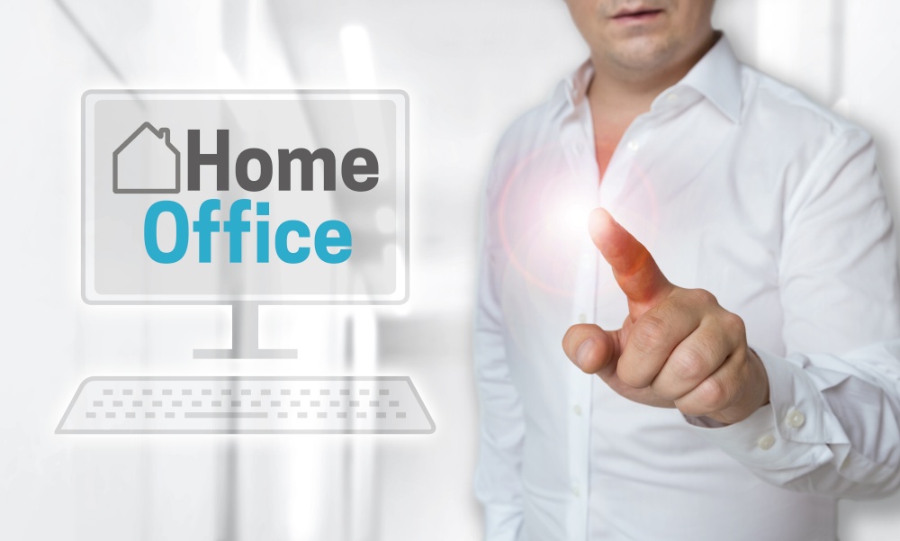 Homeoffice touchscreen concept is operated by man.. Homeoffice touchscreen concept is operated by man