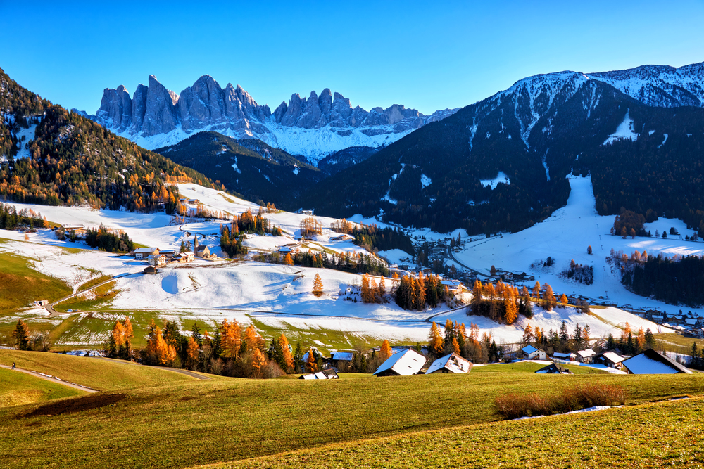 Panoramic view of winter sunny day in St. Magdalena village, Funes valley, Odle Group, Dolomiti Alps. Bolzano - South Tyrol, Italy. panoramic view of St. Maddalena village, Dolomites, Italy