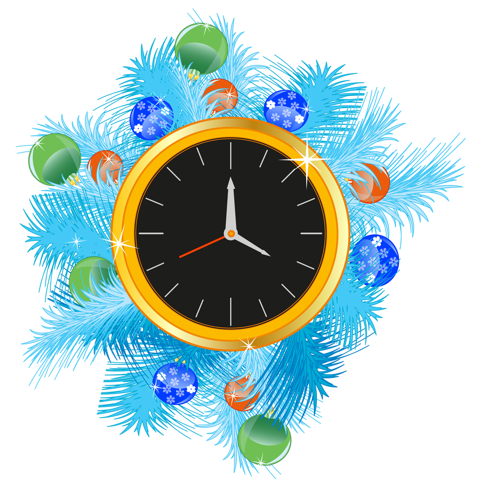 Watch decorated branch of the fir tree and new year toy. Festive watch decorated new year toy.Vector illustration