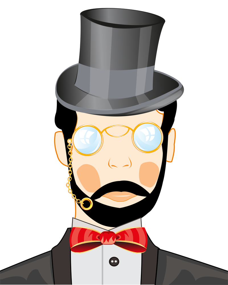Portrait men in suit and headdress with pince-nez on person. Vector illustration men in pince-nez and headdress