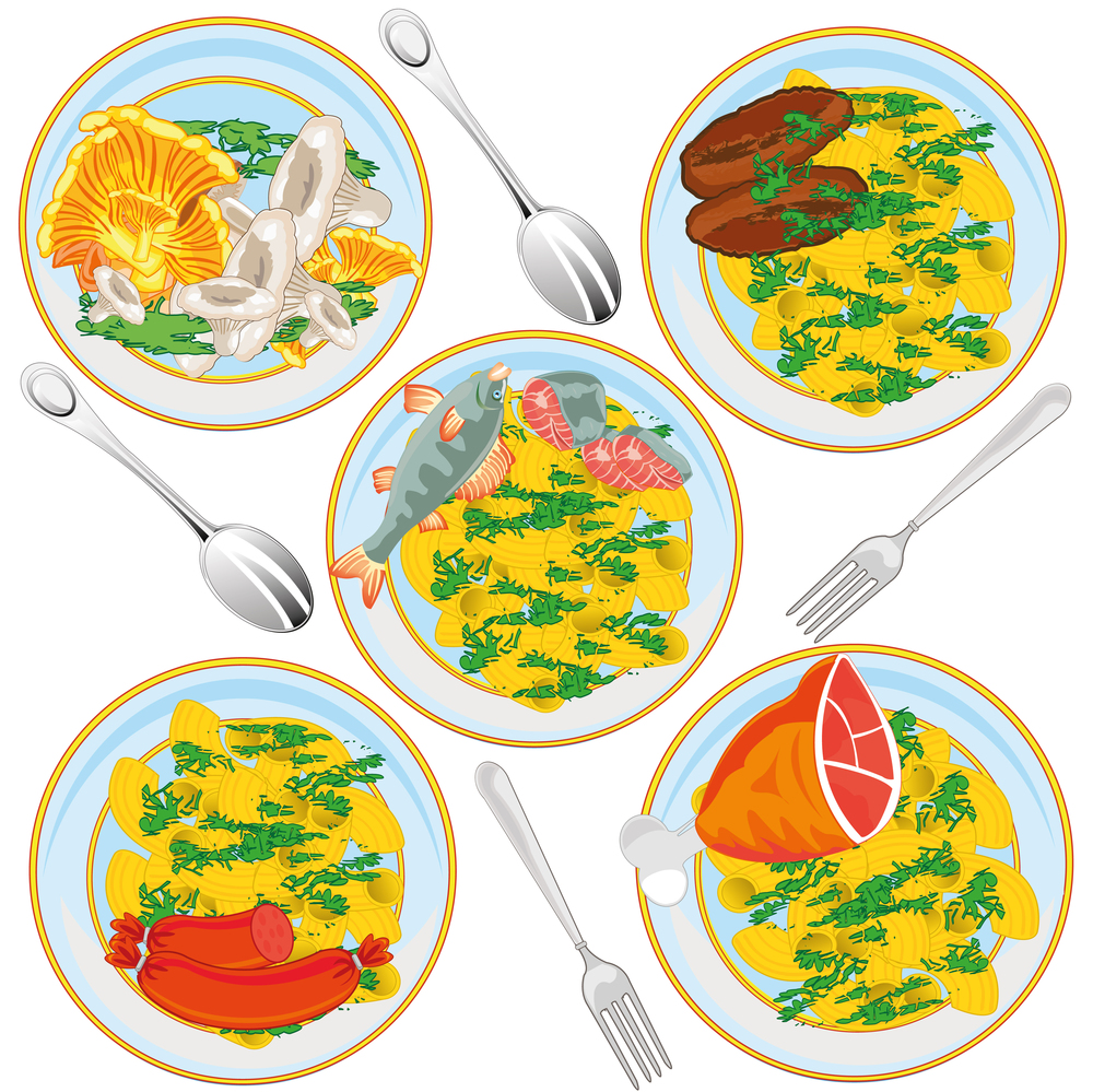 Varied guard keep on fish plate and meat,mushroom on white background is insulated. Varied kitchen guard fish,meat and noodles.Vector illustration