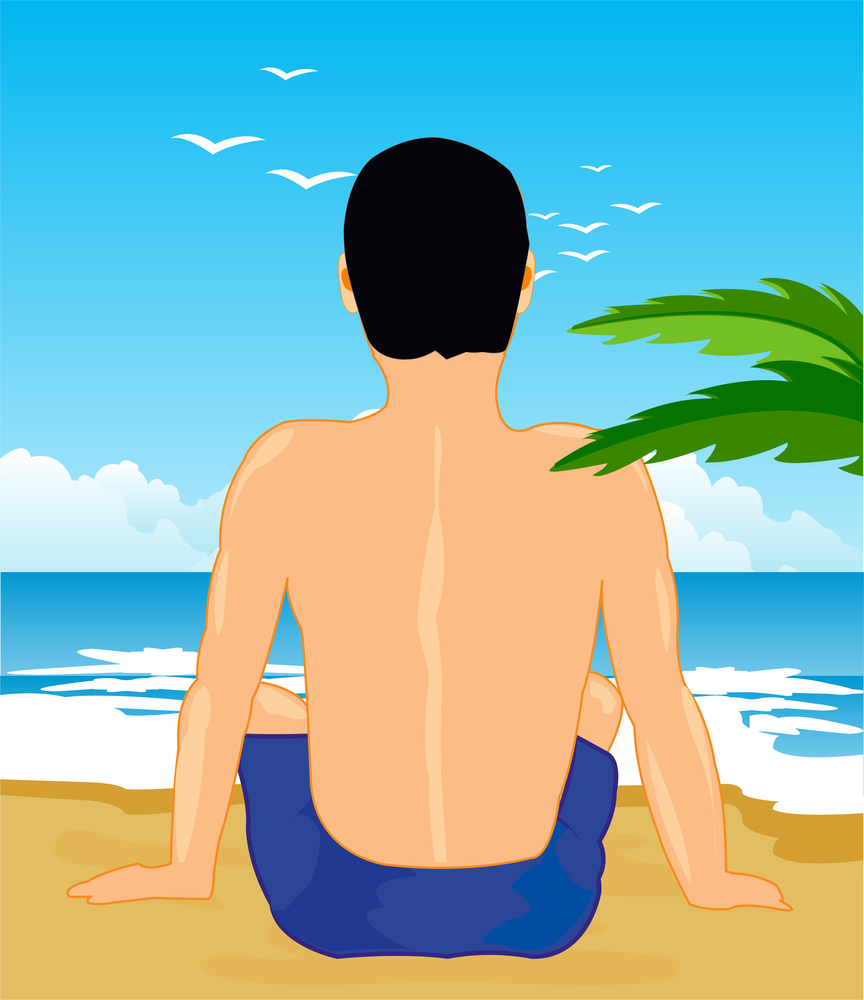 Tropical coast with beach and lonesome sitting man. Man sits back on song beside ocean