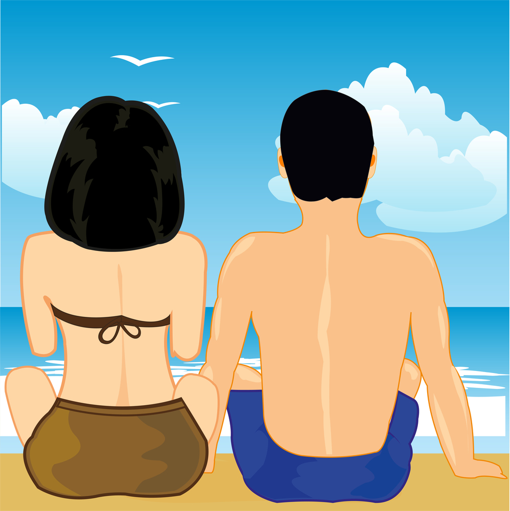 Pair man and girl sit on song ashore ocean. Man and woman sit on song on beach