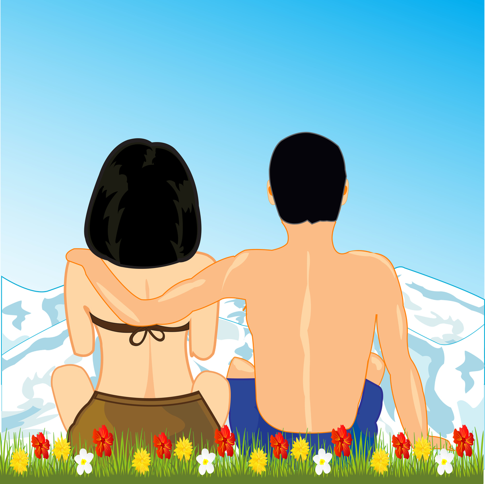 Man and woman sit on nature and admire landscape. Pair beautiful type admires on glade on mountains