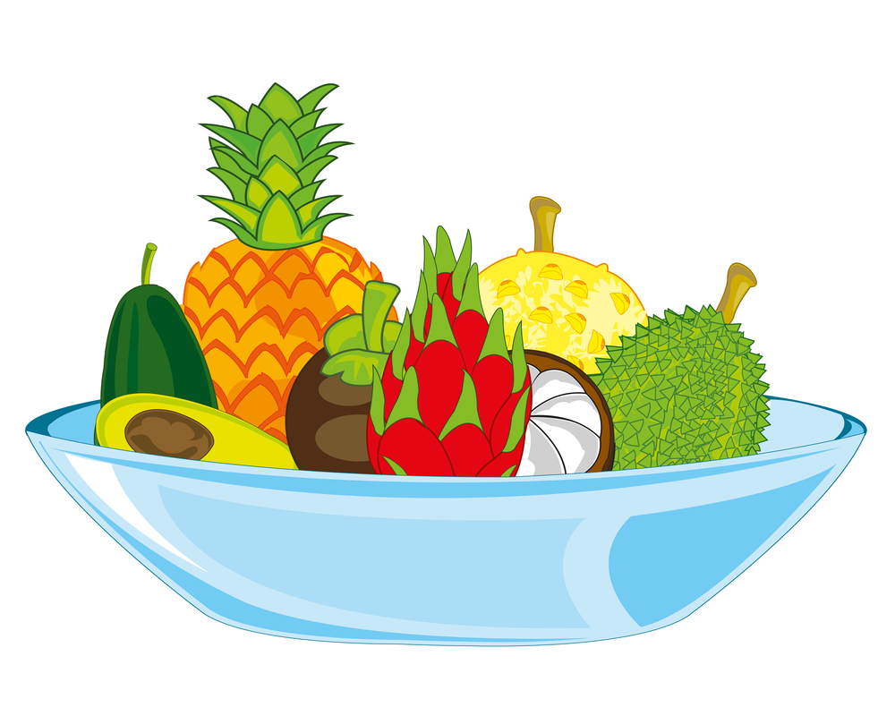 Exotic fruits on vase on white background is insulated. Vector illustration exotic tropical fruit on plate