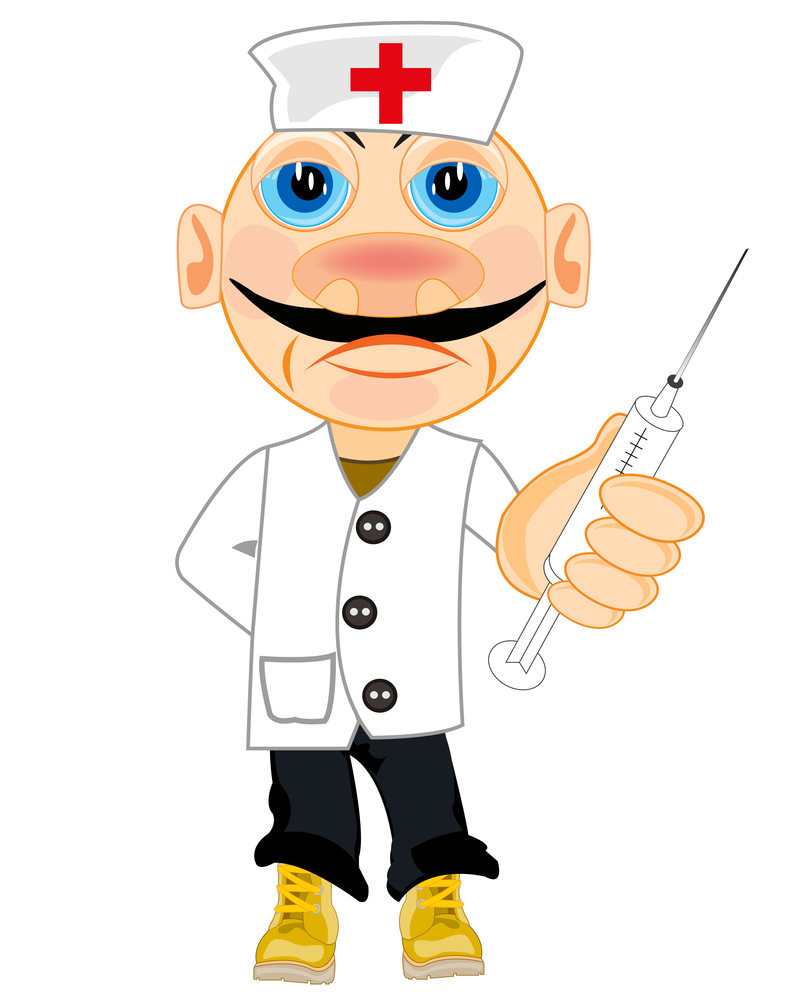 Vector illustration men physician in white robe with syringe. Doctor in white robe with syringe in hand