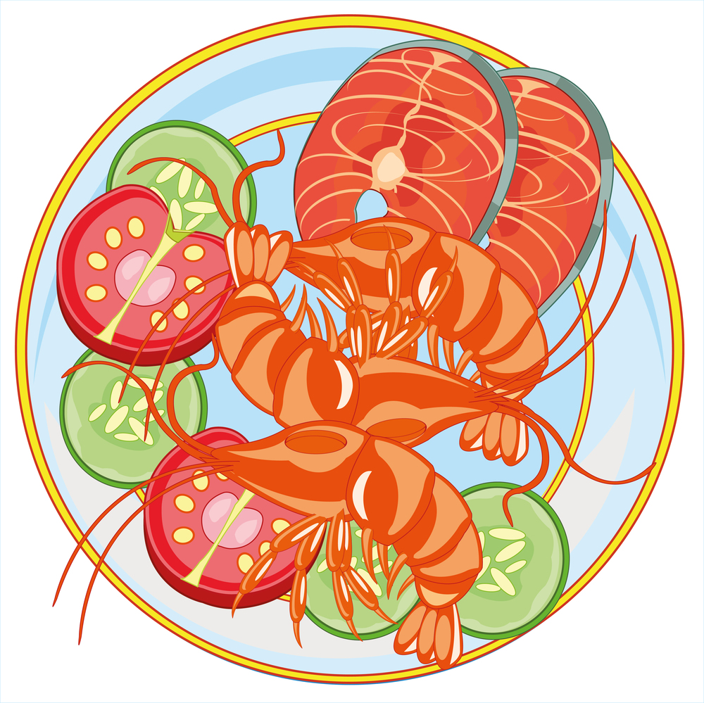 Dish with prawn and fish on white background is insulated. Vector illustration of the plate with seafood of the prawn and fish