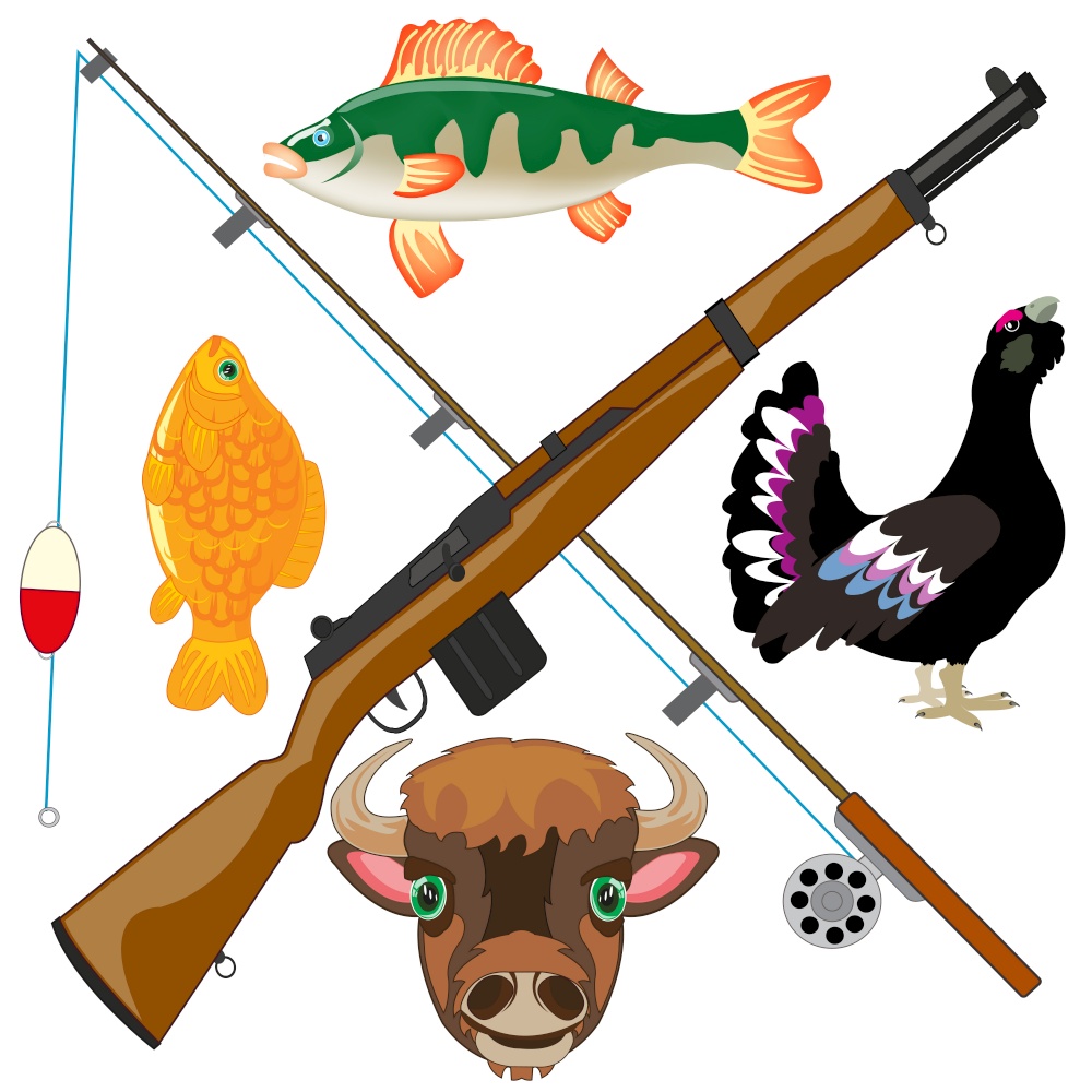 Symbol of the hunt and fishings on white background is insulated. Rest and fascination of the person hunt and fishing