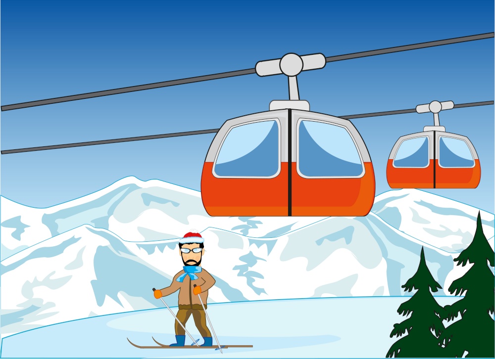 Vector illustration of the snow tops and lift on ski base. Lift in snow mountain on ski resort