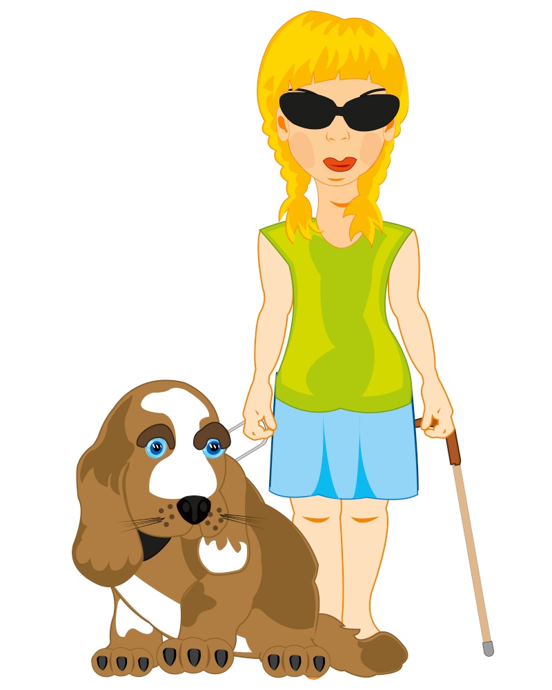Girl invalid blinding with special dog by guide. Blinding girl with dog by guide on leash