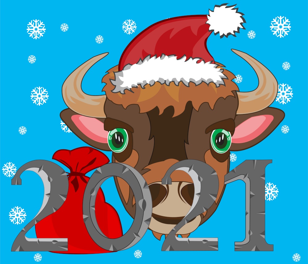 Decorative background of the symbol approaching new year of the oxen. New approaching holiday 2021 animal oxen on turn blue background
