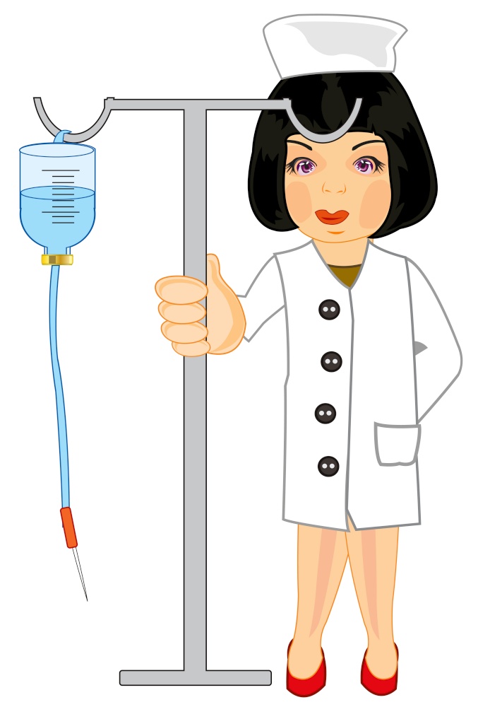 Vector illustration of the girl of the physician with instrument drop counter in hand. Girl physician with instrument drop counter cartoon
