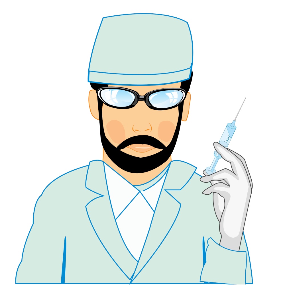 Man physician and syringe in hand on white background is insulated. Cartoon men doctor with syringe in hand