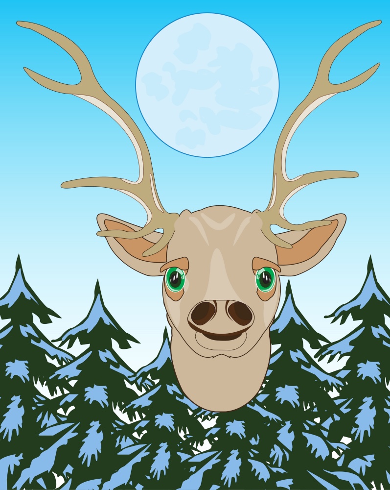 Head of the deer on background winter wood and moon. Animal deer with horn on background wood