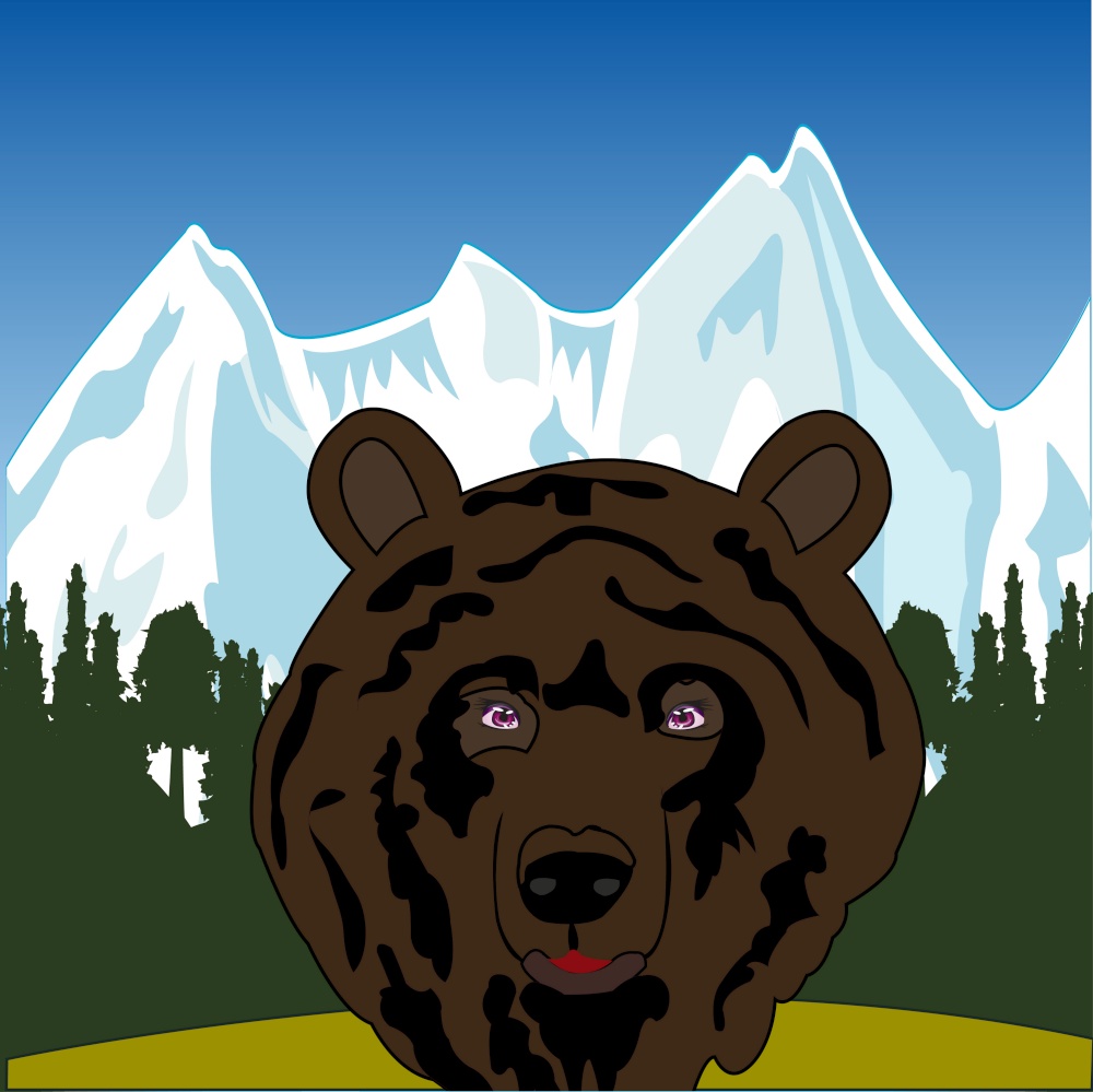 Head animal bear and landscape of the mountains with wood. Wildlife bear on background wood and mountains