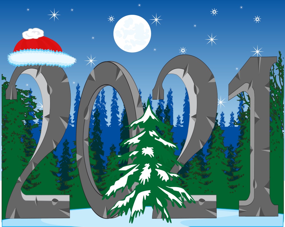 The Approaching holiday new 2021 numerals on background winter wood.. Colorful decorative winter background of the holiday new year