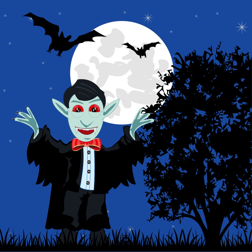 Vampire earl dracula on background of the moon night. Night landscape and evil spirits vampire and bats