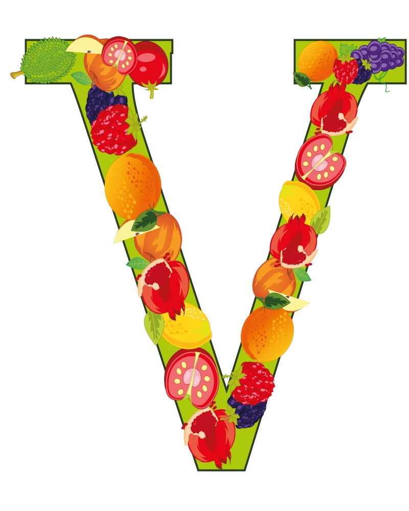 Letter V english from fruit on white background is insulated. Vector illustration of the letter V decorative from fruit and vegetables