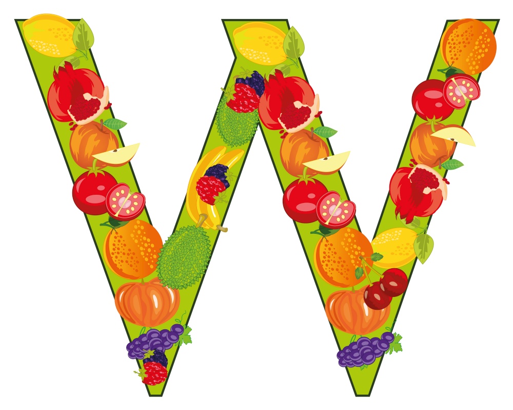 Vector illustration of the decorative letter W english of the alphabet on white background is insulated. English decorative letter W from fruit and vegetables