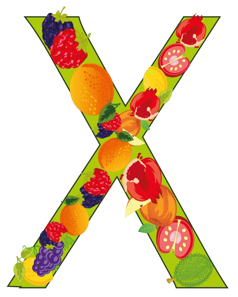 Vector illustration of the decorative letter X english of the alphabet from fruit and vegetables. Decorative letter X fruit on white background is insulated