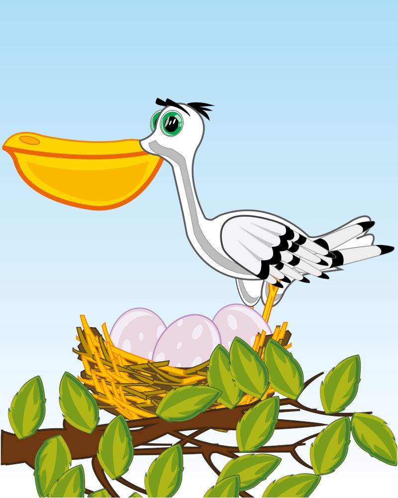 Vector illustration of the branch tree with jack and birds of the pelican. Bird pelican on jack with egg on tree